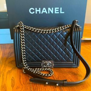 Barely Used Chanel Le Boy New Medium in Black Lambskin with Pewter Hardware